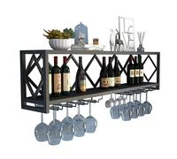 Wall Mounted Wine Rack - Floating Bar Shelves with Liquor Bottle Display & Hanging Glass Holder - Stylish Kitchen Wall Shelf & Home Bar Cabinet for Dining Room (Black)