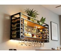 Wall Mounted Wine Rack with Glass Holder, Industrial Metal Hanging Ceiling Shelf, 2 Layer Design for Bar, Kitchen, Cafe, Restaurant