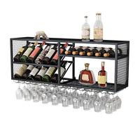 Wall-Mounted Wine Rack with Glass Holders 2-Tier Iron Shelf Floating Display for Home Restaurant & Bar Available in 100/120/140cm Lengths