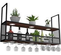 Wall-Mounted Wine Rack with Glass Holders and LED Lights Hanging Metal & Wood Wine Bottle Holder Space-Saving Wine Storage Black 150×30×80cm