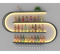 Wall-Mounted Wine Rack with LED Light, 4-Tier Half Round Bar Shelves, Industrial Metal Display Storage Shelf & Wine Glass Hooks for Home Bar and Dining Room