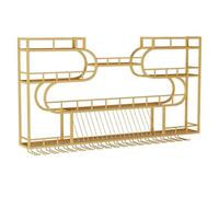 Wall Mounted Wine Rack with LED Light 4Layer Rustic Brown & Black Bar Shelf for Kitchen & Living Room Stemware Holder & Liquor Bottle Storage 150cm/59in