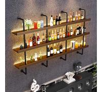 Wall Mounted Wine Rack with LED Light, Solid Wood Bar Shelves, 3 Tiers Floating Holder for Bar Dining Room Kitchen
