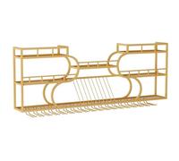 Wall Mounted Wine Rack with LED Light3Layer Rustic Brown & Black Bar Shelf Liquor Bottle & Glass Holder for Living Room & Kitchen 150cm/59in Gold Accent