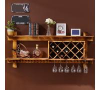 Wall Mounted Wine Rack, Wooden Hanging Shelf with Glass Holder, Wine Bottle Storage Display for Kitchen and Living Room, No Assembly Required