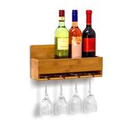 Relaxdays Wine Shelf With Glass Holder: 17 x 37 x 11.5 cm Bottle Stand Bamboo With Space For 4 Bottles & 4 Glasses Wall-Mounted Hanging Wooden Shelf As Bottle Holder, Natural Brown
