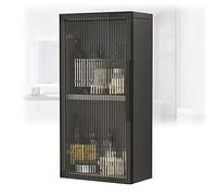 Wall Mounted Wooden Bathroom Cabinet No Drill Medicine Storage with Glass Doors for Kitchen Laundry & Bedroom Stylish Black Vanity 30x14x60cm