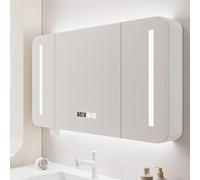 Wall-Mounted Wooden Bathroom Cabinet with Anti-Fog Mirror & LED Light, 3-Color Adjustable Lighting, Time & Temperature Display, Tissue Holder (White, 100x13x70cm)