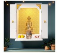 Wall-mounted Wooden Pooja Stand with LED Spot Light, Modern God of Fortune Cabinet for Home and Office