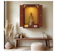 Wall-mounted Wooden Pooja Stand with LED Spot Light, Modern God of Fortune Cabinet for Home and Office