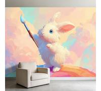 Wall Mural 200 x 140 cm, Non-Woven Premium Photo Wallpaper Cartoon Dreamy Animals White Rabbit Print Fleece Wall Mural Decoration - Mural Wallpaper for Kids Room Playroom Art Room