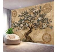 Wall Mural 200 x 140 cm（WxH,Japanese Style Ancient Trees Flowers Wallpaper - Removable Self-Adhesive Wall Art for Bedroom Living Room Dorm Home Office Decor Brown