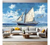 Wall Mural 250 x 180 cm Sailboat in The Ocean Blue Sky Non-Woven Art Print Wallpaper Mural for Walls Living Room Bedroom TV Background Boys Girls Kids Rooms Decoration