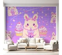 Wall Mural, 356 x 256 cm Cartoon Animal Cosy Heartwarming Cute Wallpaper, Waterproof Rabbit Bubble Tea Wall Art for Bedroom Living Room Accent Wall Decor