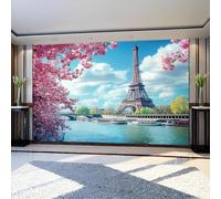 Wall Mural 390 x 260 cm Eiffel Tower Paris Non-Woven Art Print Pink Flowers Wallpaper for Living Room Bedroom TV Background Kids Rooms Decoration