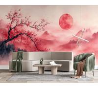 Wall Mural 3D Japanese Cherry Blossom Photo Wallpaper Non-Woven Matt | Panoramic Mural Wallpaper Waterproof Red Moon Feature Wall Art 200x140 cm for Living Room Bedroom Home Office z1219