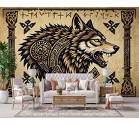 Wall Mural 3D Norse Wolf Rune Photo Wallpaper Non-Woven Matt | Panoramic Mural Wallpaper Waterproof Nordic Mythology Feature Wall Art 300x210 cm for Living Room Bedroom Home Office L206