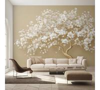 Wall Mural 3D Relief Floral Tree Wallpaper - Modern Flowers Tree Photo Wallpaper for Living Room Bedroom, Non-Woven Beige White Wall Paper Home Decor Art 300x210 cm w6g38