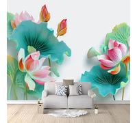 Wall Mural 3D Traditional Lotus Leaf Landscape Painting 200 x 140 cm Luxury Non-Woven Wall Covering - Decoration Photo Wallpaper Picture, Ideal for Living Room Kids Bedroom Home Decor White-Green