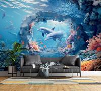 Wall Mural 3D Underwater Dolphin Photo Wallpaper Non-Woven Matt | Panoramic Mural Wallpaper Waterproof Tropical Fish Feature Wall Art 350x256 cm for Living Room Bedroom Home Office K452