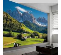 Wall Mural 400 x 280 cm - Photo Wallpaper, Nature Landscape Realistic Visual Effect Durable Non-Woven Material, Snowy Mountains and Forest Village for Living Room, Bedroom or Office