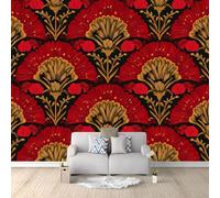Wall Mural Abstract Retro Floral Ornate Decorative 350 x 256 cm (W x H) Luxury Non-Woven Wall Covering - Decoration Photo Wallpaper Picture, Ideal for Living Room Kids Bedroom Home Decor Red