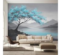 Wall Mural Abstract Teal Tree Wallpaper - Modern Trees Mountain Photo Wallpaper for Living Room Bedroom, Non-Woven Teal Blue Grey Wall Paper Home Decor Art 150x105 cm w6g38