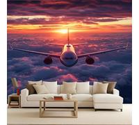 Wall Mural Airplane Non-Woven 200x140cm Photo Wallpaper 3D Effect Airplane Clouds Sunrise Wallpaper Mural Natural Scenery Artwork Background Wall Stickers for Living Room Kids Bedroom