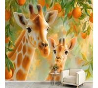 Wall Mural Animal Fruit, Large Panoramic Non-Woven Wallpaper, Giraffe Mother and Child Orange Tree Leaves Photo Mural for Living Room & Bedroom 400 x 280 cm