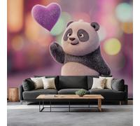 Wall Mural Anime Style Panda Purple Heart 500 x 280 cm Photo Wallpaper, Non-Woven Mural Wallpaper - Living Room Bedroom Kids Room TV Sofa Background Family Wall Decor