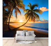 Wall Mural Beach Coconut Grove Sunset Coastline Photography for Kids Room 400 x 280 cm, Eco-Friendly Waterproof Wallpaper Photo Mural Wall Decor for Nursery Bedroom Playroom Wall Covering Blue-Brown