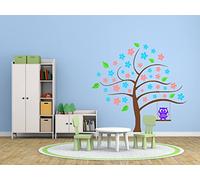 Wall Mural Big Tree, owl on a Swing and Flowers. Wall Sticker for Children. A Beautiful Decoration for a Child's Room.