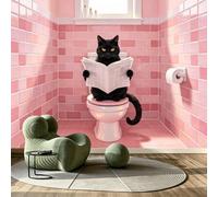 Wall Mural Black Cat on Toilet Reading Newspaper, Modern Contemporary | Custom Size Self-Adhesive Wallpaper, Removable Peel and Stick Fabric wall sticker, Wall Decor for Bathroom