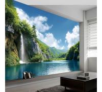 Wall Mural Blue Sky Waterfall Green Plants Wallpaper, 3D Wall Mural Decoration Poster Natural Scenery Picture Design, Photo Wallpaper for Living Room Bedroom Children's Room Office 450 x 280 cm