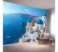 Wall Mural Blue White Photo Wallpaper Mural 200 x 140 cm, Photography Church Architecture Island Scenery Art Photo Murals Decor for Living Room Bedroom Kitchen Office Kids Room Decor, Easy to Install
