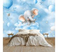 Wall Mural Cartoon Animal Elephant Cloud Balloon Star, Large Panoramic Non-Woven Wallpaper, Navy Blue Photo Mural for Living Room & Bedroom 300 x 210 cm
