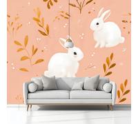 Wall Mural Cartoon Animal Rabbit Leaves 300 x 210 cm Photo Wallpaper, Non-Woven Mural Wallpaper, for Living Room Bedroom Kids Room TV Sofa Background Family Wall Decor