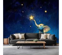 Wall Mural Cartoon Animals Baby Elephant Stars 200 x 140 cm Photo Wallpaper, Animation Style Non-Woven Mural Wallpaper for Living Room Bedroom Kids Room TV Sofa Background Family Wall Decor