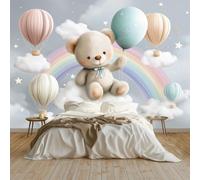 Wall Mural Cartoon Dreamy Bear Balloon Sea of Clouds Star, Large Panoramic Non-Woven Wallpaper, Navy Blue Photo Mural for Living Room & Bedroom 200 x 140 cm