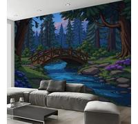 Wall Mural Cartoon Forest Wooden Bridge Wallpaper, 3D Wall Mural Decoration Poster Landscape Illustration Design, Blue-Green Photo Wallpaper For Living Room Bedroom Children'S Room Office 350X256Cm