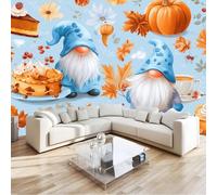 Wall Mural Cartoon Gnomes Pumpkin Maple Leaf Berries, Large Panoramic Non-Woven Wallpaper, Light Blue Photo Mural for Living Room & Bedroom 200 x 140 cm