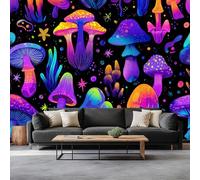 Wall Mural Cartoon Neon Mushrooms 300 x 210 cm Photo Wallpaper, Hyper-Realism Non-Woven Mural Wallpaper for Living Room Bedroom Kids Room TV Sofa Background Family Wall Decor