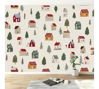 Wall Mural Cartoon Photo Wallpaper 250W x 175H cm, Vintage Buildings Houses Trees Non-Woven Mural Wall Art Decoration Poster Picture Design - Wallpaper Modern for Kids Room Living Room Bedroom