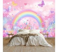 Wall Mural Cartoon Rainbow Fairytale Castle Heart, Large Panoramic Non-Woven Wallpaper, Blush Pink Photo Mural for Living Room & Bedroom 400 x 280 cm