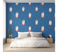 Wall Mural Cartoon Rocket Wallpaper - Kids Outer Space Planet Photo Wallpaper for Living Room Bedroom, Non-Woven Blue White Red Wall Paper Home Decor Art 450x315 cm w6g23