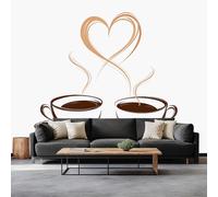 Wall Mural Collage Coffee Cup Heart 300 x 210 cm Photo Wallpaper, Line Art Non-Woven Mural Wallpaper for Living Room Bedroom Kids Room TV Sofa Background Family Wall Decor