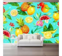 Wall Mural Colorful Non-Woven Wallpaper - Cartoon Leaves Fruit Elements Wall Decoration, Not Peel and Stick, Easy to Install, Perfect for Living Room & Bedroom, 250 x 175 cm (W x H)
