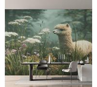 Wall Mural Cute Alpaca Wallpaper - Wildflower White Llama Photo Wallpaper for Living Room Bedroom, Non-Woven White Green Wall Paper Home Decor Art 200x140 cm w6g4