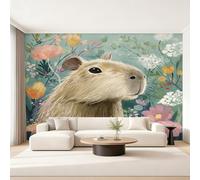 Wall Mural Cute Capybara Wallpaper - Botanical Cartoon Animal Photo Wallpaper for Living Room Bedroom, Non-Woven Brown Green Wall Paper Home Decor Art 500x350 cm w6g3
