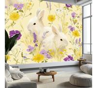 Wall Mural Digital Illustration Rabbit Violet Daisy 300 x 210 cm Photo Wallpaper, Non-Woven Mural Wallpaper for Living Room Bedroom Kids Room TV Sofa Background Family Wall Decor